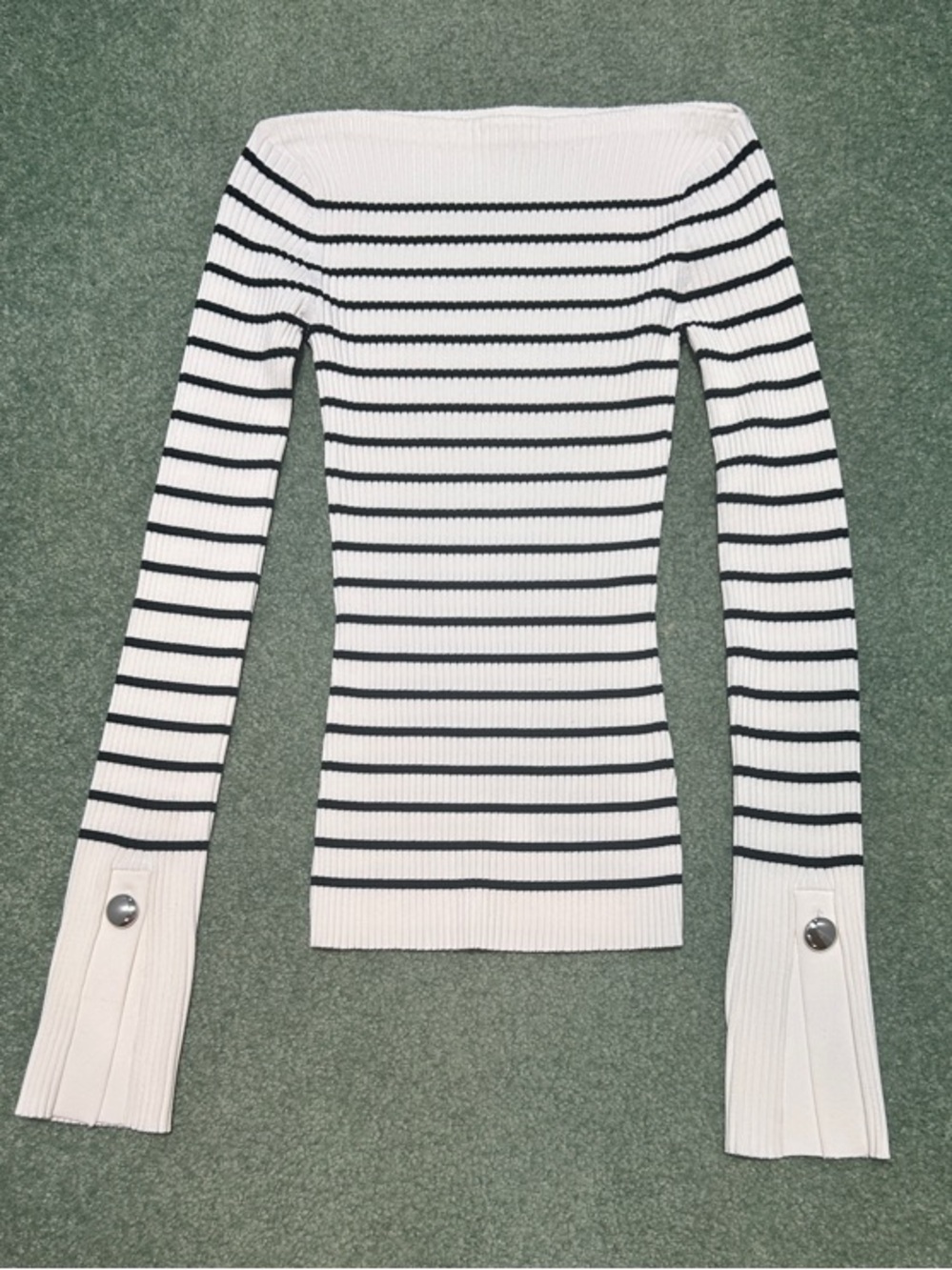 NWOT A.L.C. Anya Striped Off-White and Dark Navy Striped Ribbed Knit Top - Picture 2 of 13